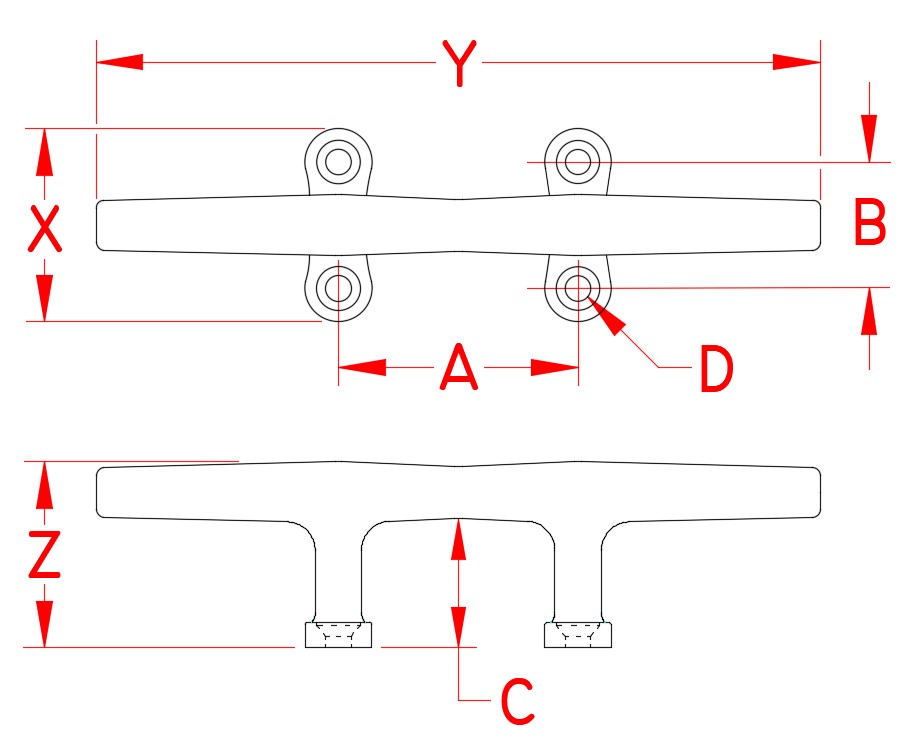 Stainless Steel Blue Water Cleat, S3138-0, Line Drawing Stainless Steel Blue Water Cleat, S3138-0, Line Drawing